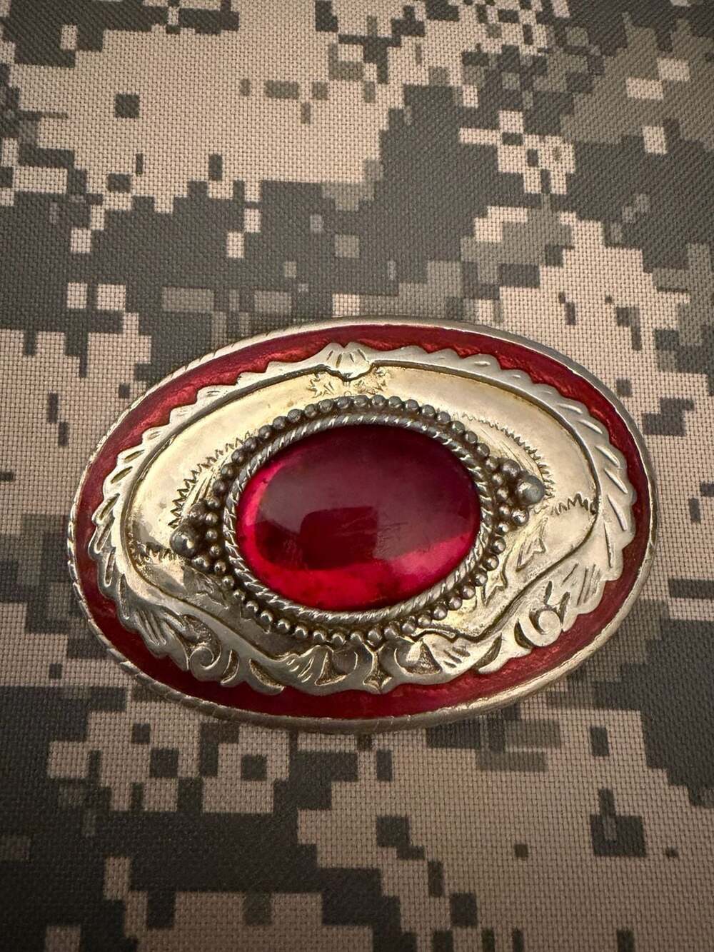 Vintage Western Oval Belt Buckle with Red Center Stone and Ornate Silver Tone Bo